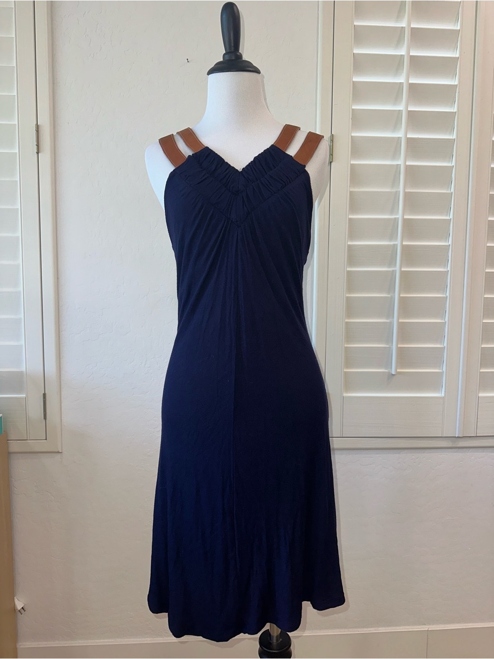 VINTAGE HAVANA SIZE L~STRETCH CLASSIC NAVY FAUX LEATHER STRAP SUN DRESS MINI